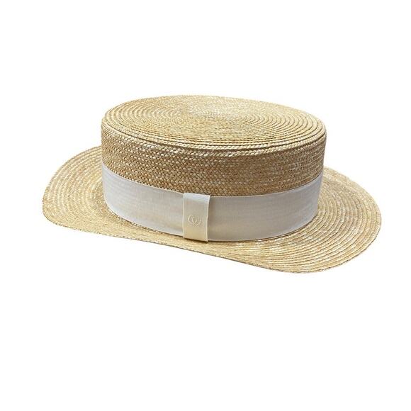 Gucci Wide Brim Raffia Straw GG Ribbon White Hat L Large 58cm - Picture 1 of 7
